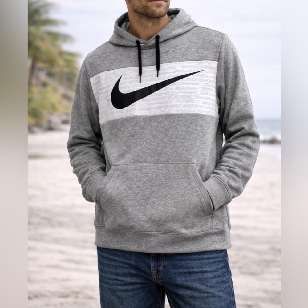 Nike Dri Fit Hoodie Gray Swoosh Logo Pullover Sweatshirt Mens Small EUC